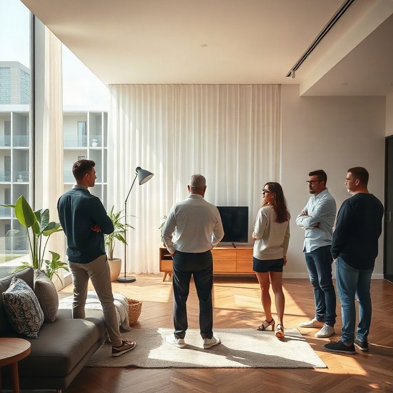 Visitantes examinando a sala de um apartamento em São Paulo