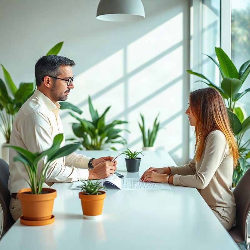 Real estate agent comparing floor plans and listings with a client at a meeting table