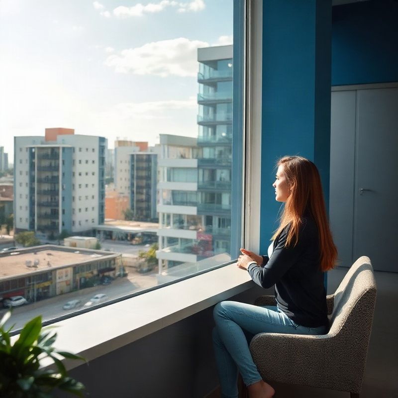 Consultant showing a client an apartment floor plan beside a window in São Paulo